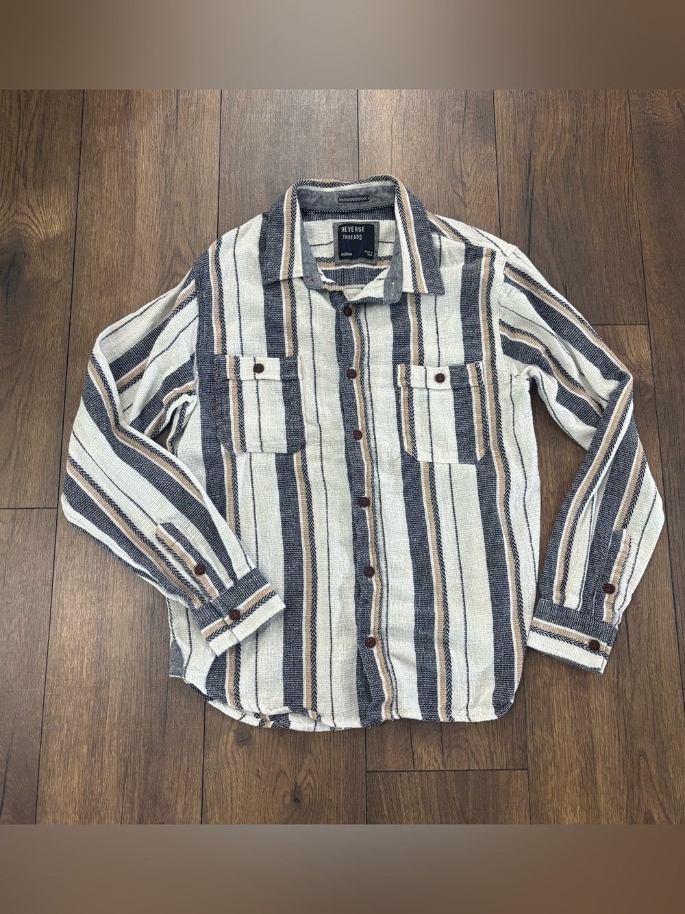 Reverse Threads Long Sleeve Textured Button Down Shirt, Size Medium